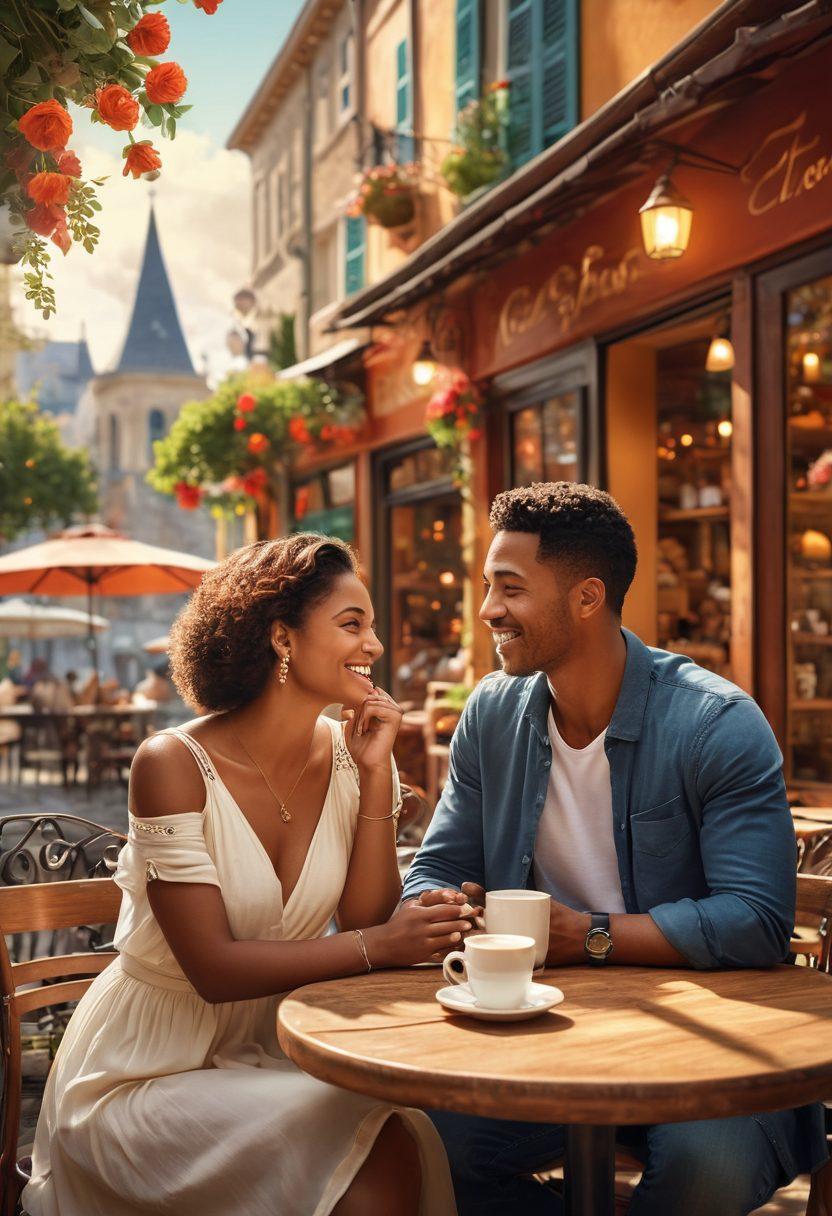 A warm and inviting scene featuring a diverse couple sharing a heartfelt conversation at an outdoor café, surrounded by cultural symbols representing their backgrounds. The background showcases beautiful landmarks from different cultures in a harmonious blend. Soft lighting enhances the romantic atmosphere, with elements like flowers and coffee cups adding intimacy. Illustrate emotions of understanding and connection. vibrant colors. super-realistic.