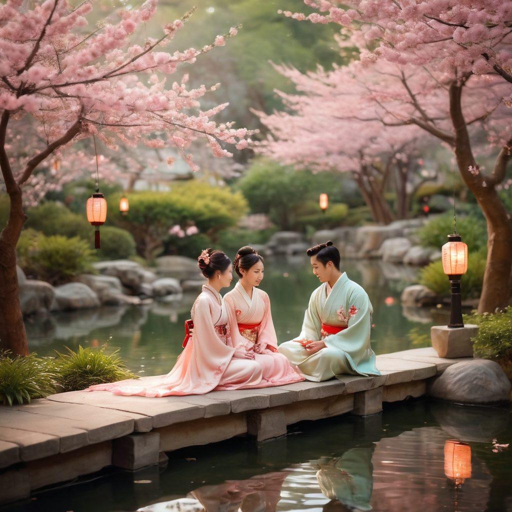 A beautifully adorned couple sitting under cherry blossoms, exchanging traditional gifts while dressed in elegant Asian attire. Soft lanterns illuminating their surroundings, symbolizing romance and secrets of courtship. The background features a serene garden with a koi pond, reflecting the essence of Asian culture. Capture the warmth and intimacy of love with gentle pastel tones. super-realistic. vibrant colors.